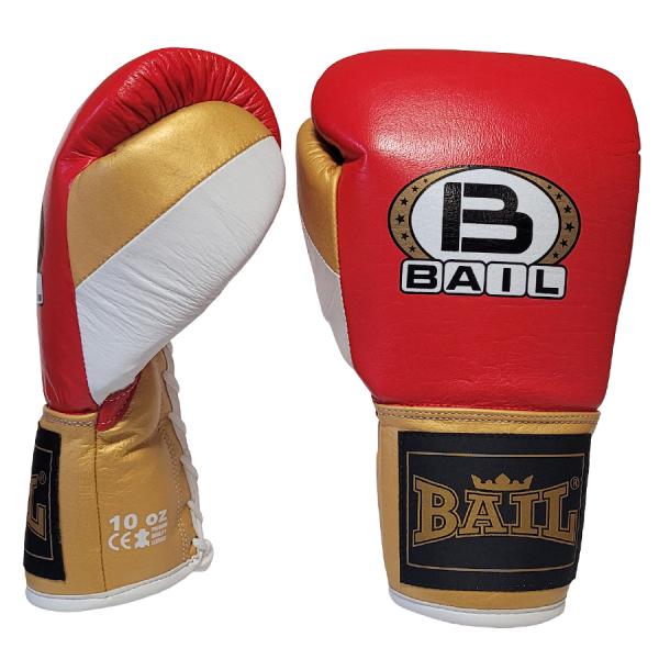 Boxerské rukavice Profi šněrovací - kůže vel. 10 oz červená bílá zlatá BAIL