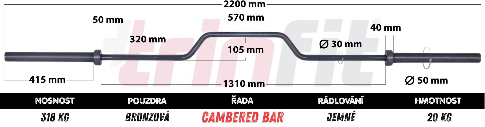 Olympijská osa TRINFIT 2200 mm Cambered bar BLACK rozměry