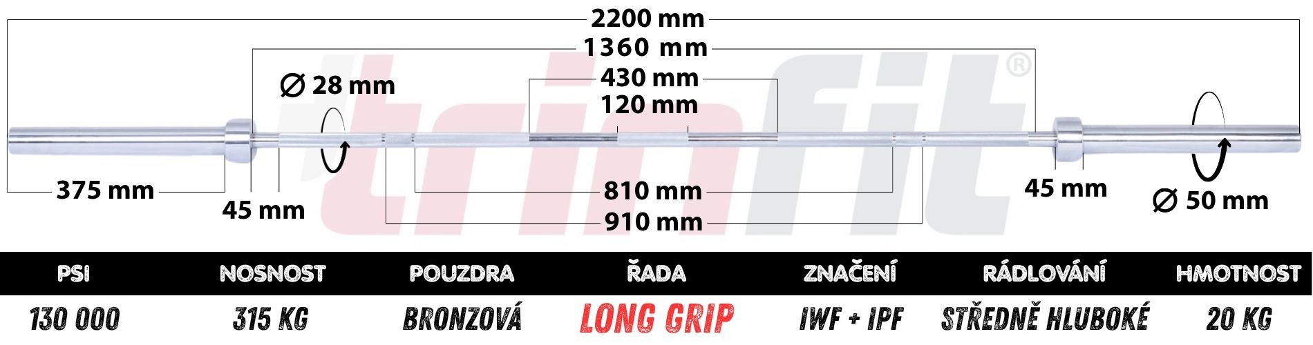Olympijská osa TRINFIT 2200 mm LONG GRIP